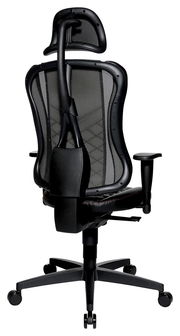 Rückansicht eines ergonomischen Gaming-Stuhls mit Netzrückenlehne und Kopfstütze