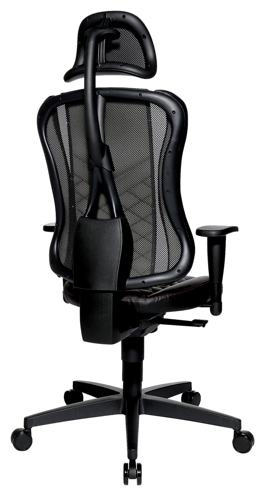 Rückansicht eines ergonomischen Gaming-Stuhls mit Netzrückenlehne und Kopfstütze