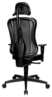 Rückansicht eines ergonomischen Gaming-Stuhls mit Netzrückenlehne und Kopfstütze