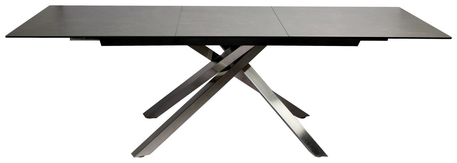 Moderner Esstisch mit schwarzer Tischplatte und gekreuzten Metallbeinen, seitliche Perspektive