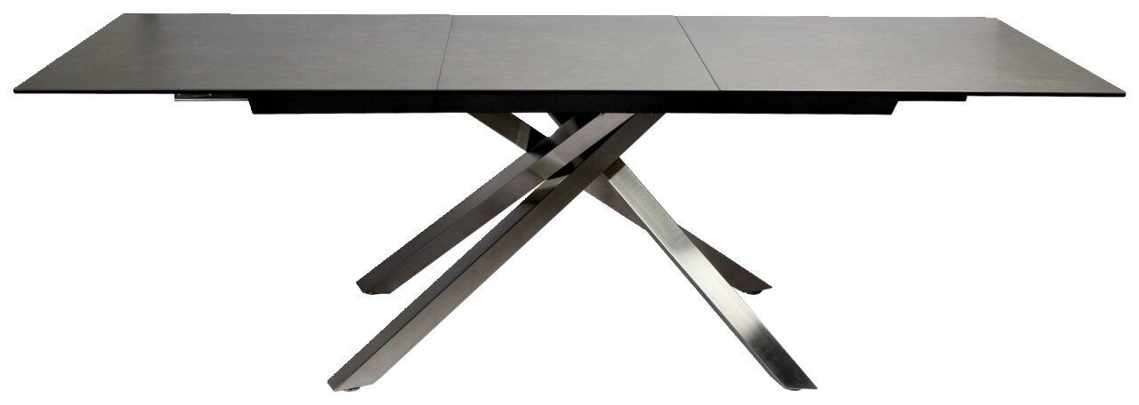 Moderner Esstisch mit schwarzer Tischplatte und gekreuzten Metallbeinen, seitliche Perspektive