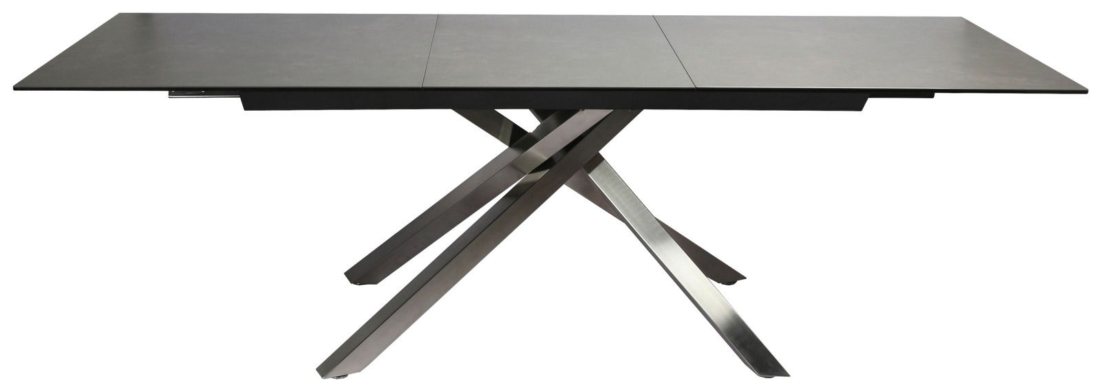 Moderner Esstisch mit schwarzer Tischplatte und gekreuzten Metallbeinen, seitliche Perspektive