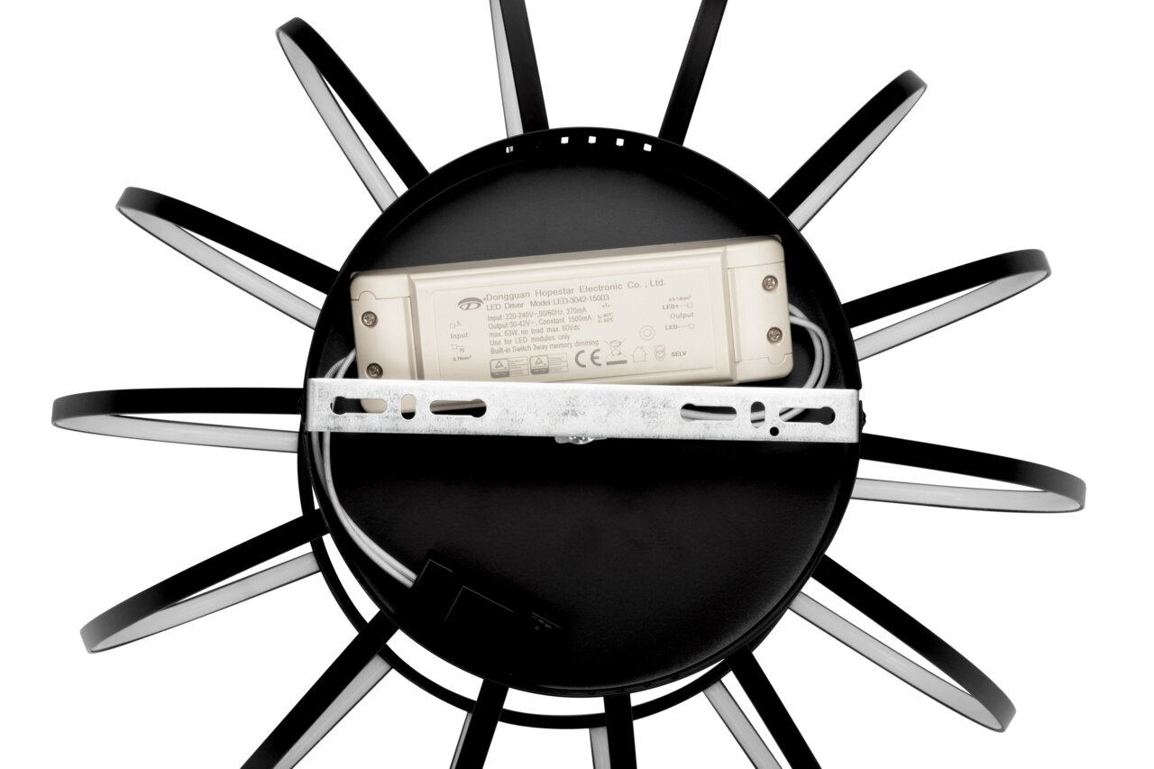 Rückansicht einer LED-Deckenleuchte mit sichtbarem elektronischem Bauteil und Kabeln.