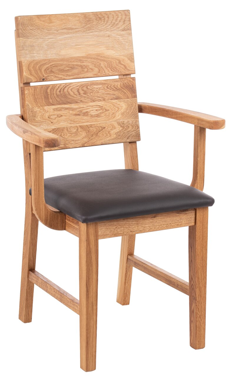Holzstuhl mit Armlehnen und gepolstertem Sitz, seitliche Perspektive