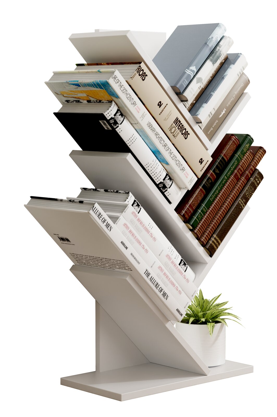 Weißes, modernes Bücherregal in Zickzack-Form mit schrägen Ablagen, gefüllt mit Büchern und einem kleinen Topf mit grüner Pflanze; Ansicht schräg von vorne.