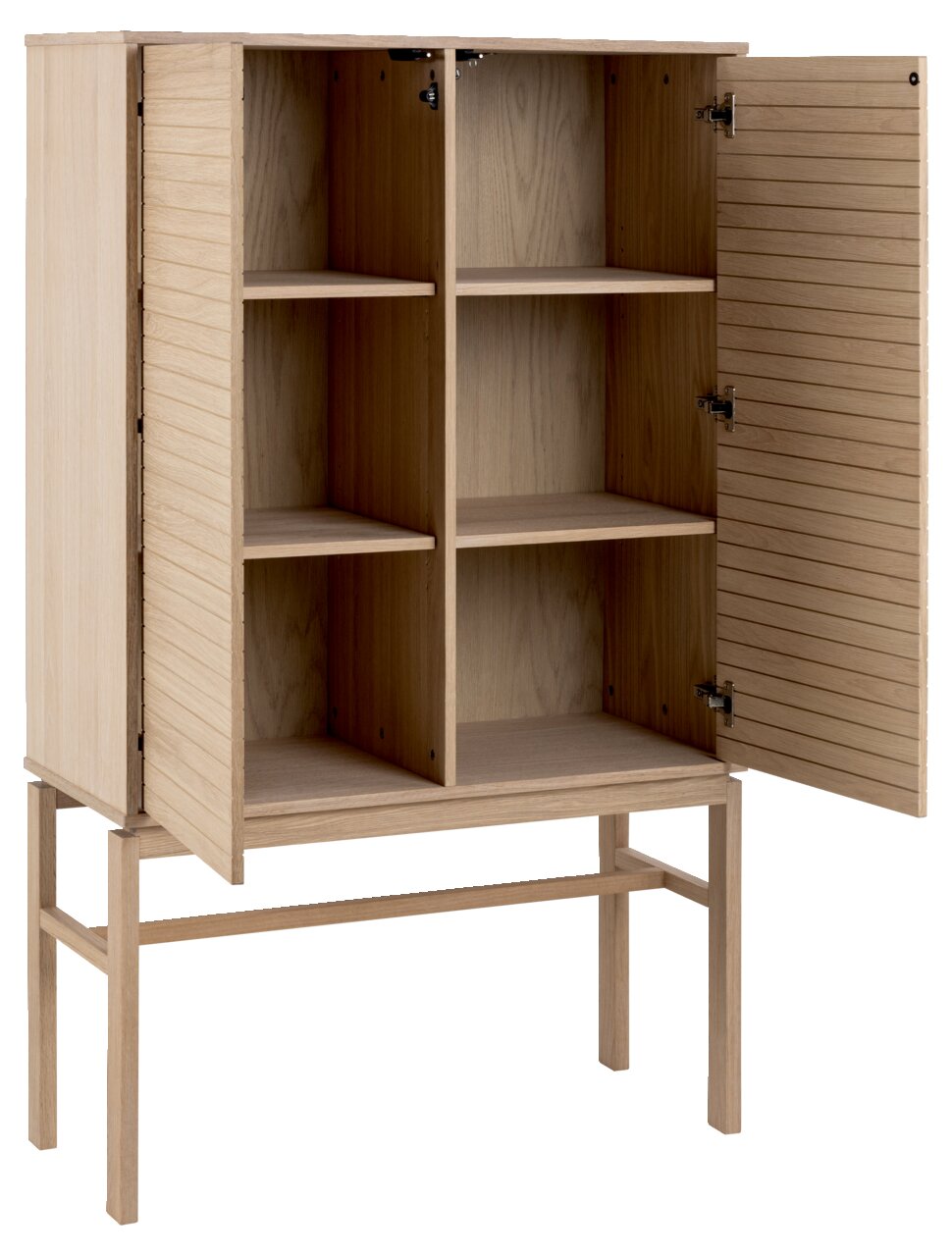 Holzschrank mit offenen Türen und vier Fächern, seitliche Perspektive