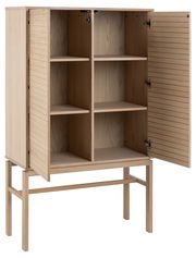 Holzschrank mit offenen Türen und vier Fächern, seitliche Perspektive