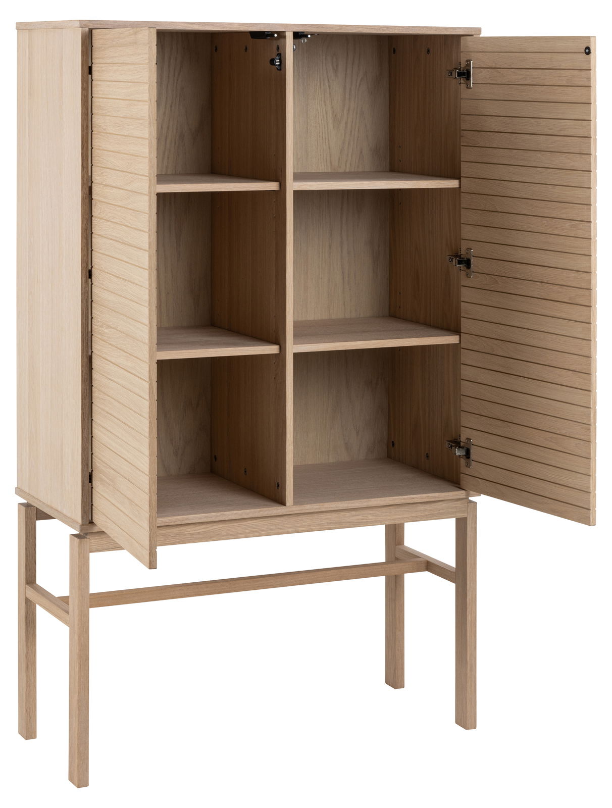 Holzschrank mit offenen Türen und vier Fächern, seitliche Perspektive