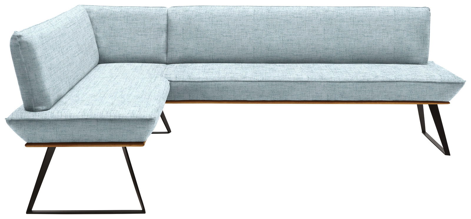 Eckbank in hellblauem Stoffbezug mit schwarzem Metallgestell, seitliche Perspektive