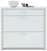 Moderner weißer Schuhschrank mit drei Schubladen, darauf eine dekorative Schale und eine Zeitschrift, Frontalansicht.