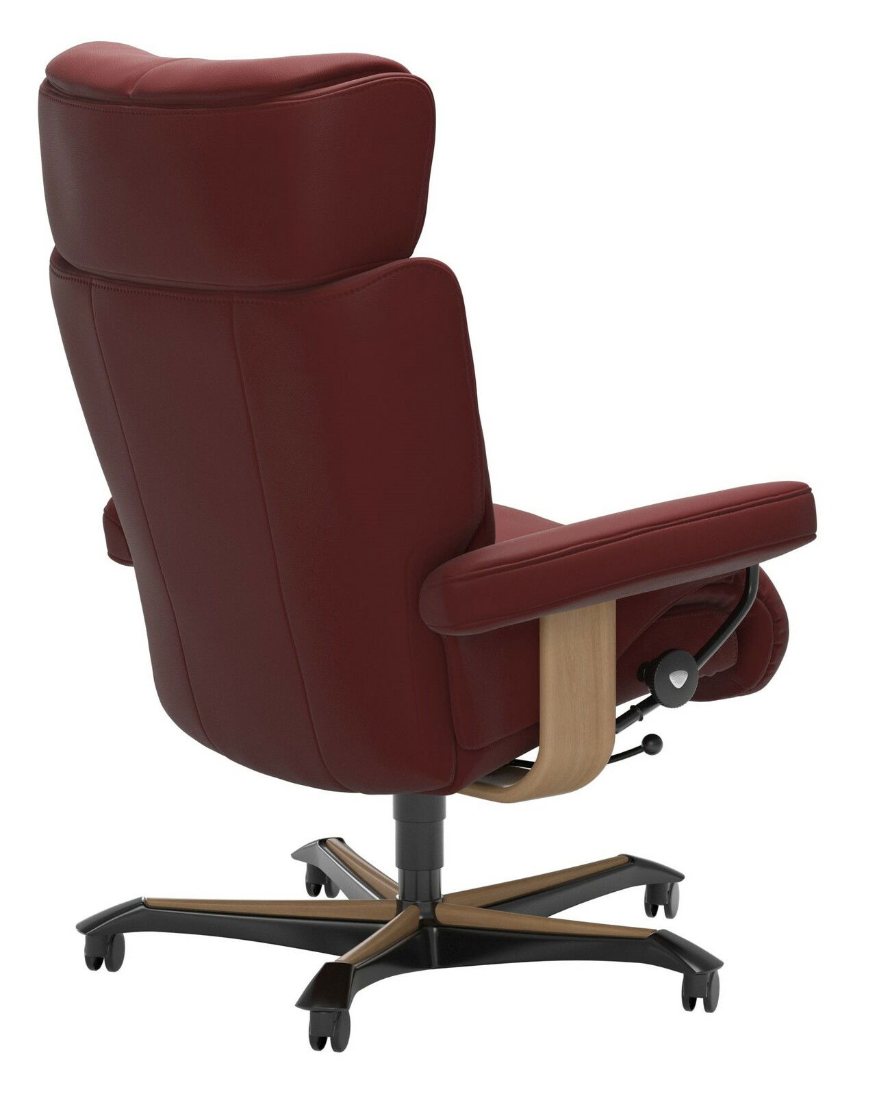 Stressless Chefsessel OFFICE MAGIC Rückansicht eines burgunderroten Chefsessels mit Holz- und Metallfußkreuz.