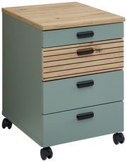 Rollcontainer mit vier Schubladen, Holz- und Grüntönen, auf Rollen, seitliche Perspektive