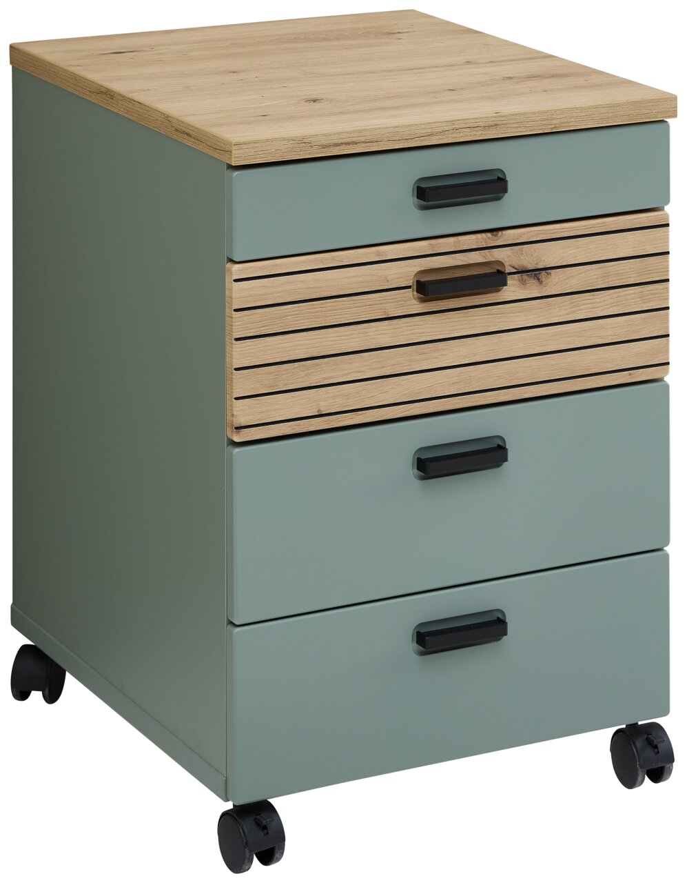 Rollcontainer mit vier Schubladen, Holz- und Grüntönen, auf Rollen, seitliche Perspektive