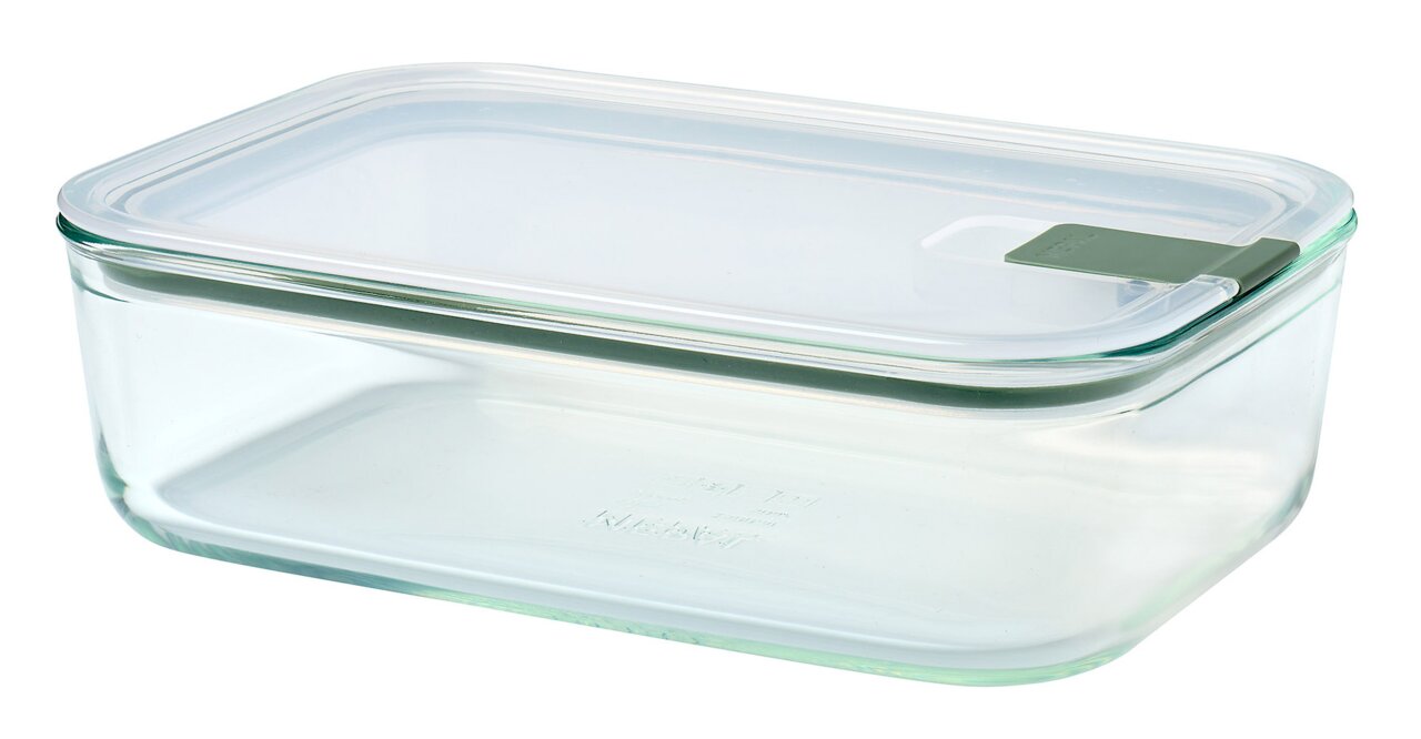 Rechteckige Glas-Frischhaltedose mit Easyclip-Verschluss, seitliche Perspektive