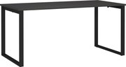 Zwarte, minimalistische tafel met een rechthoekig tafelblad en U-vormige metalen poten, vrijstaand tegen een witte achtergrond, in een schuin vooraanzicht van bovenaf.