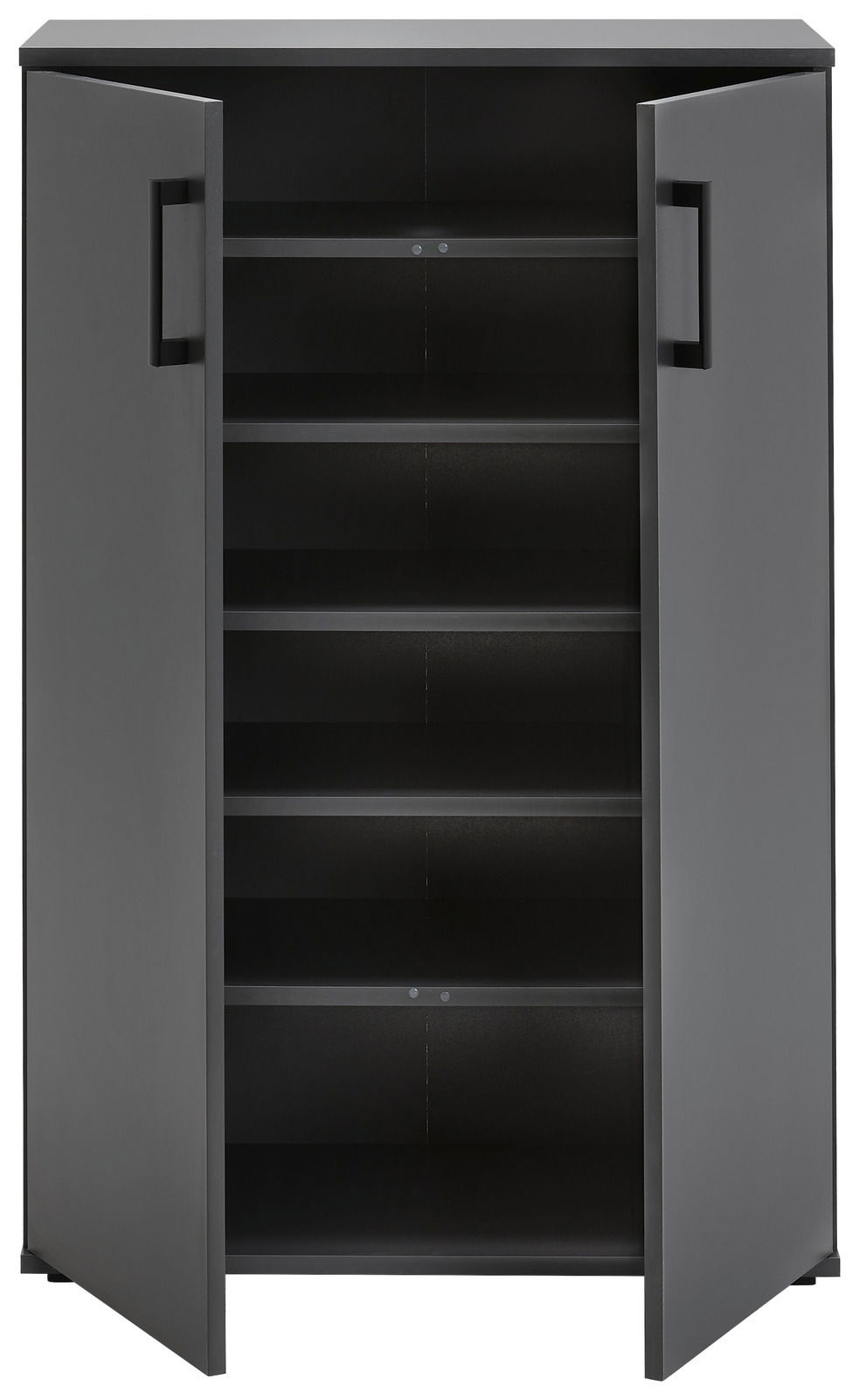 Schwarzer Schuhschrank mit offenen Türen, frontal betrachtet, zeigt mehrere Regalböden zur Aufbewahrung.