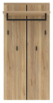 Houten garderobepaneel met zwart metalen frame, vooraanzicht