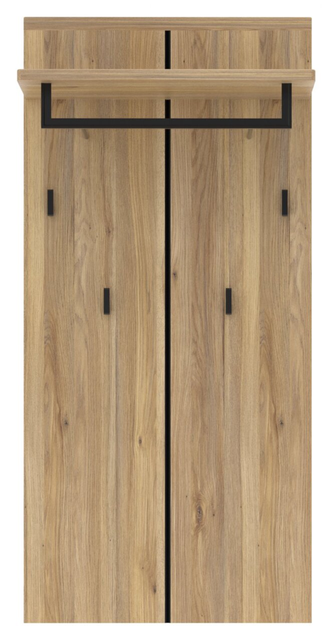 Houten garderobepaneel met zwart metalen frame, vooraanzicht