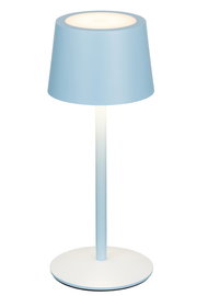 Blaue Akku-Tischleuchte mit rundem Sockel, seitliche Perspektive
