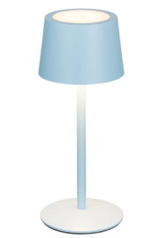 Blaue Akku-Tischleuchte mit rundem Sockel, seitliche Perspektive