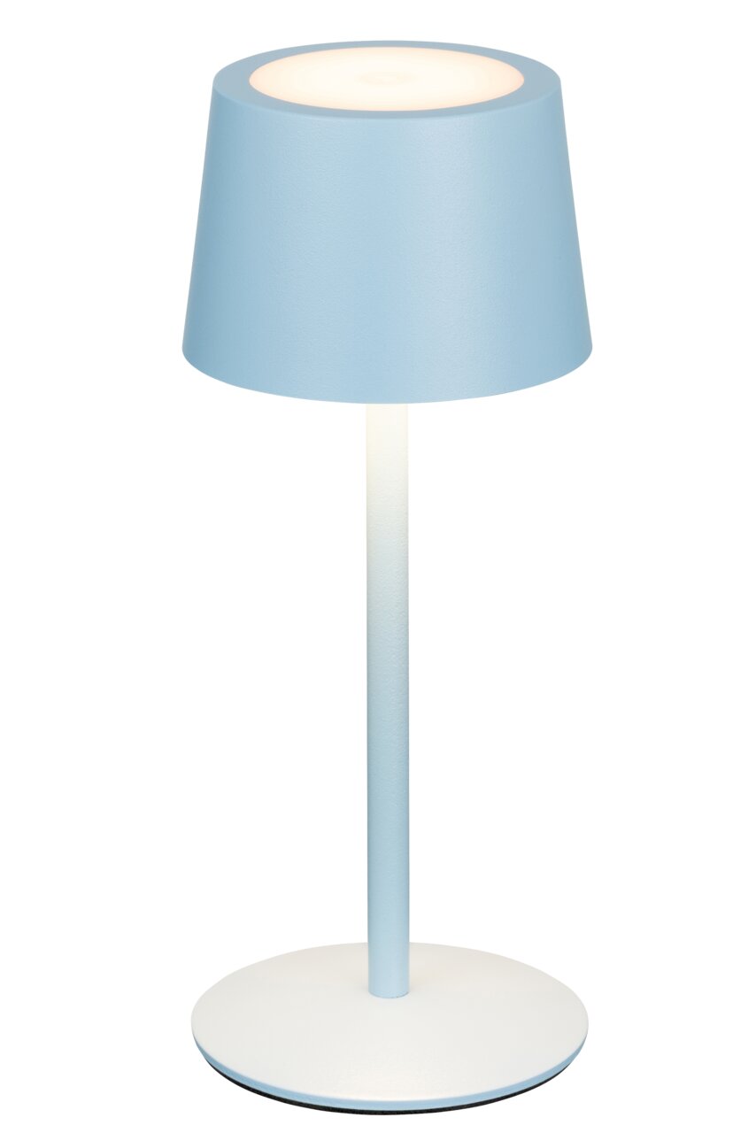 Blaue Akku-Tischleuchte mit rundem Sockel, seitliche Perspektive