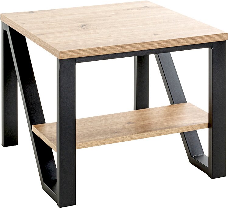 Zurbrüggen Beistelltisch Kompakter Beistelltisch im Industrial-Design mit heller Holzplatte und Ablage, schwarzem Metallgestell und schrägen Rahmenbeinen, freigestellt auf Weiß, Ansicht schräg von vorne oben.