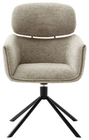 Moderner Sessel mit beigem Stoffbezug und schwarzem Metallgestell, Frontalansicht