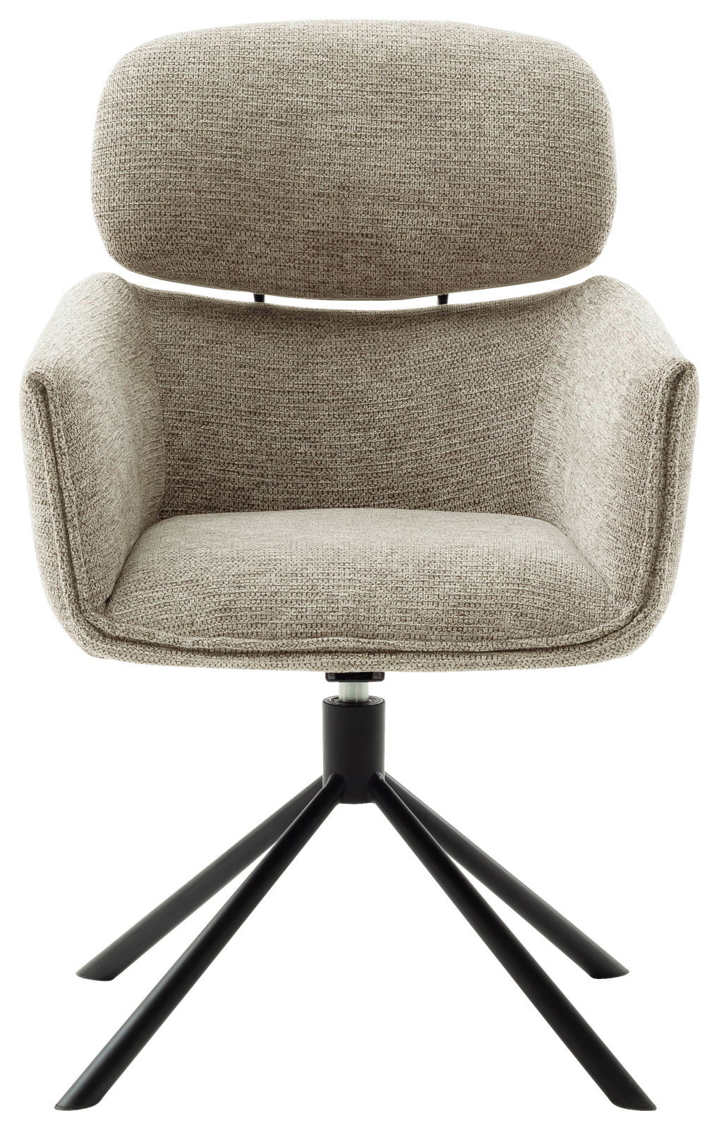 Moderner Sessel mit beigem Stoffbezug und schwarzem Metallgestell, Frontalansicht