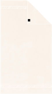 Cremefarbenes Joop! Handtuch mit eingewebter Bordüre und umgeschlagener Ecke, Draufsicht/Frontansicht auf weißem Hintergrund