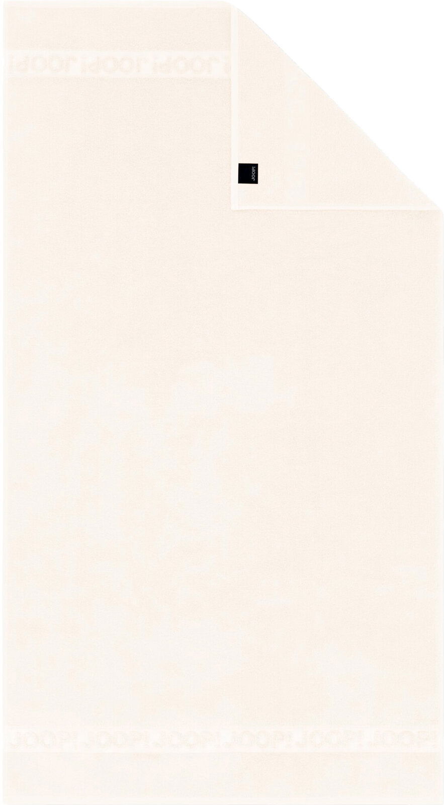 Cremefarbenes Joop! Handtuch mit eingewebter Bordüre und umgeschlagener Ecke, Draufsicht/Frontansicht auf weißem Hintergrund