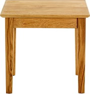 Massiver Holztisch mit rechteckiger Tischplatte und geraden Beinen, Frontansicht leicht von oben, freigestellt auf weißem Hintergrund.