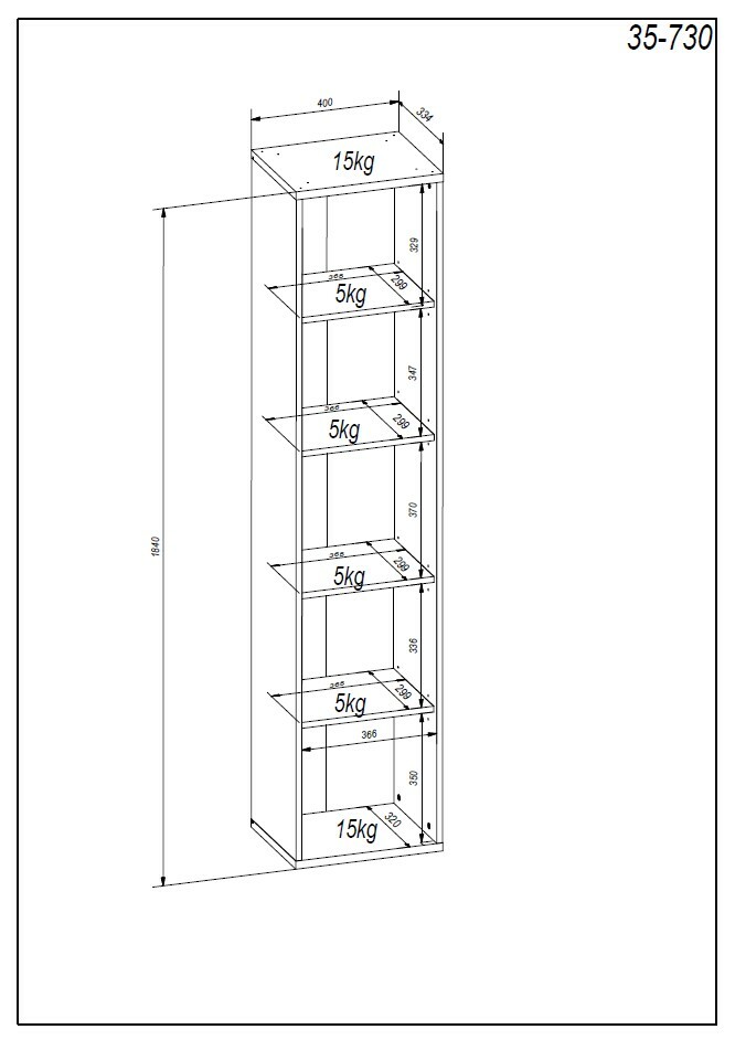 Technische Zeichnung eines hohen, schmalen Regals mit fünf Regalböden, die Gewichtsgrenzen anzeigen. Perspektive: Isometrische Ansicht von vorne links.