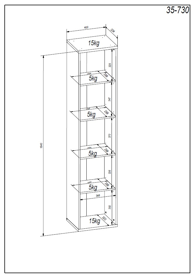 Technische Zeichnung eines hohen, schmalen Regals mit fünf Regalböden, die Gewichtsgrenzen anzeigen. Perspektive: Isometrische Ansicht von vorne links.