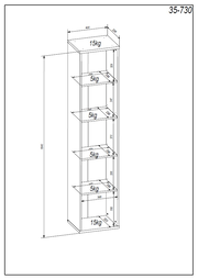 Technische Zeichnung eines hohen, schmalen Regals mit fünf Regalböden, die Gewichtsgrenzen anzeigen. Perspektive: Isometrische Ansicht von vorne links.