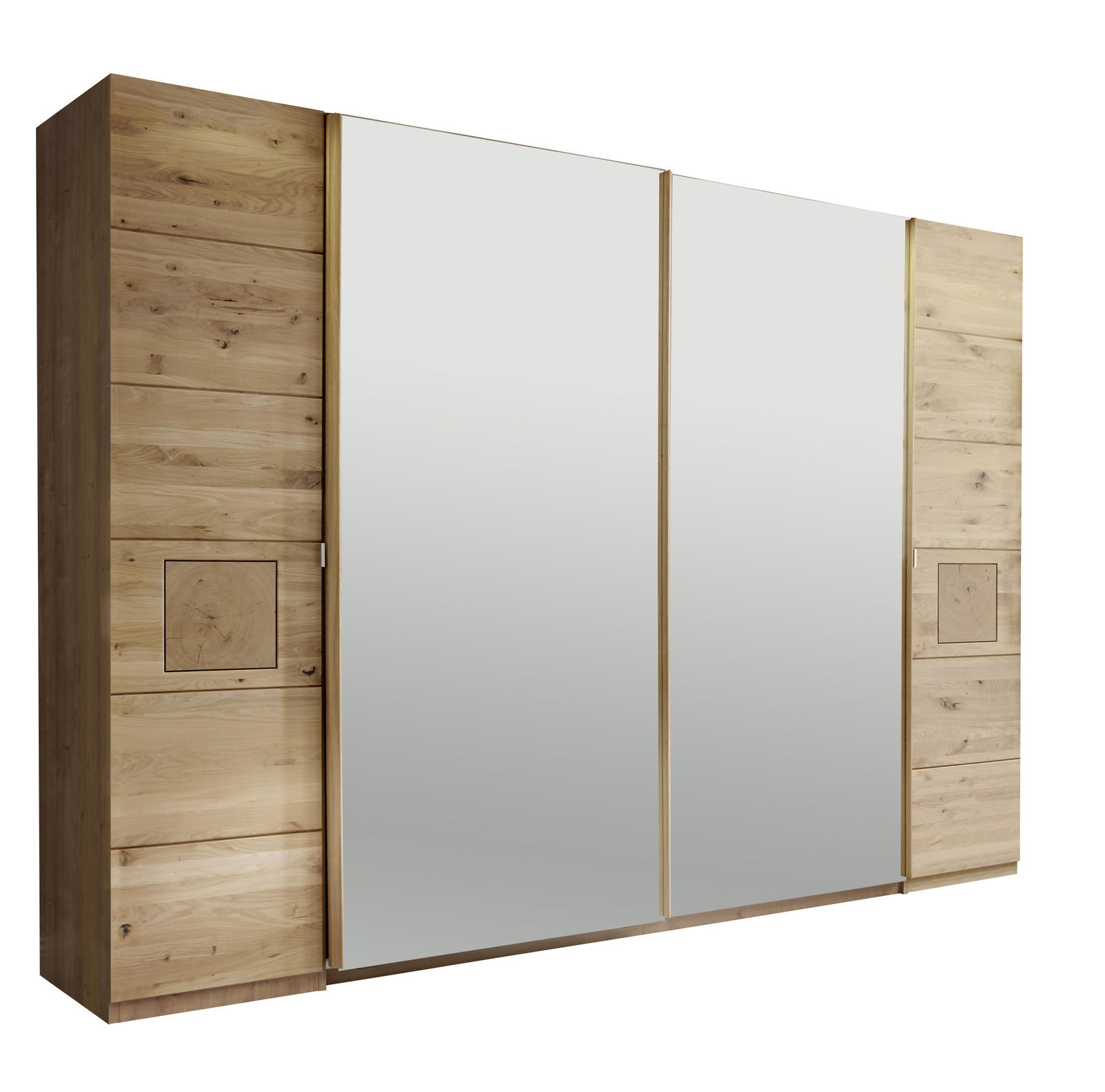 Schwebetürenschrank aus Holz mit zwei großen Spiegeltüren, seitliche Perspektive