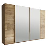 Schwebetürenschrank aus Holz mit zwei großen Spiegeltüren, seitliche Perspektive