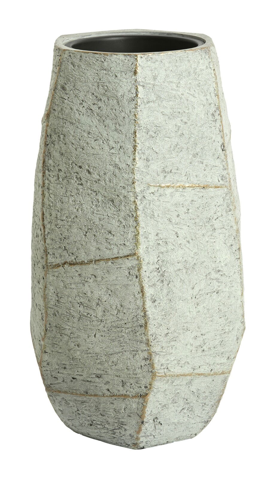 Grauer, geometrisch geformter Topf aus Beton mit rauer Oberfläche, seitliche Perspektive