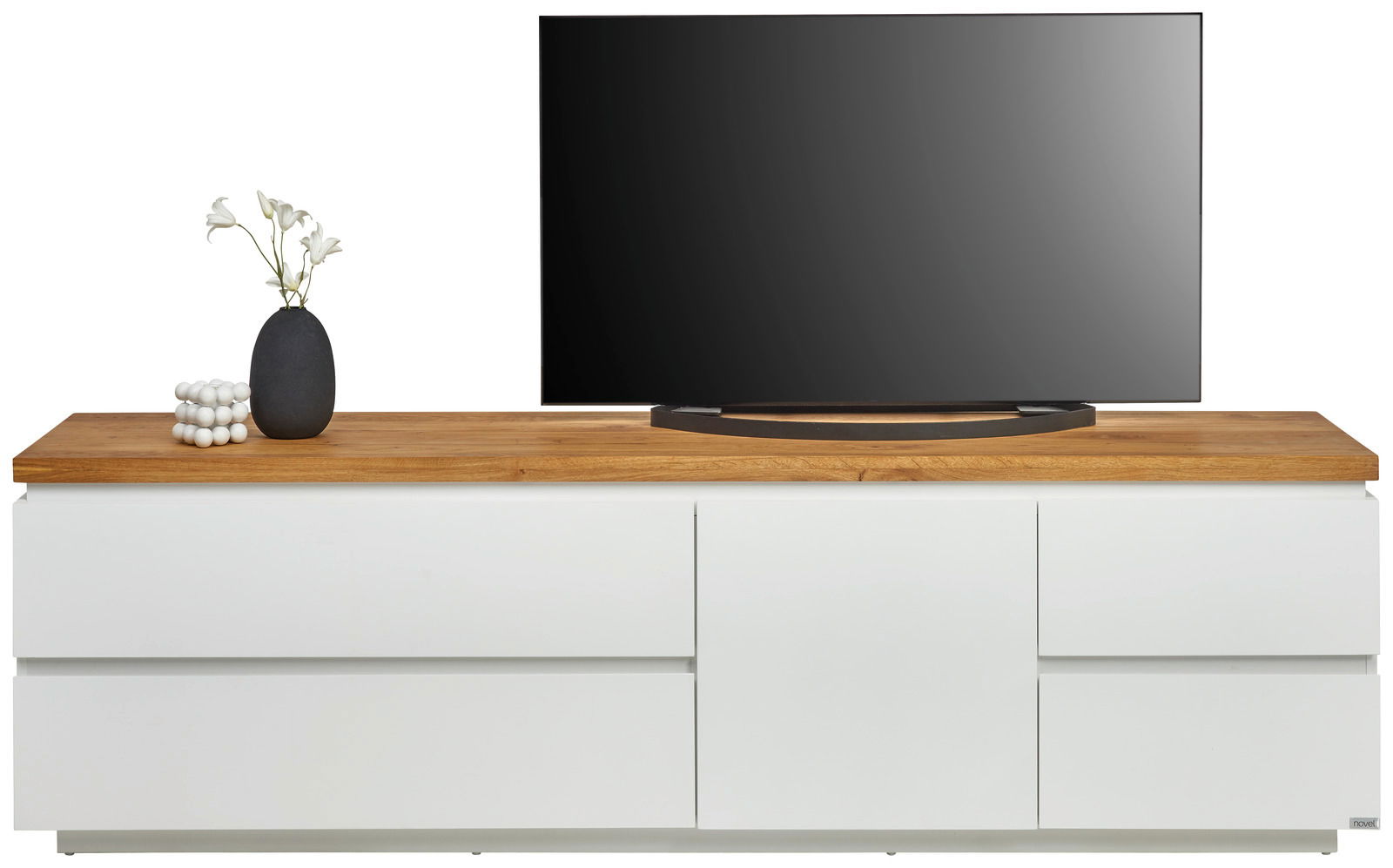 Modernes TV-Lowboard in Weiß mit Holzoberfläche, dekoriert mit einer Vase und einem Fernseher, Frontalansicht