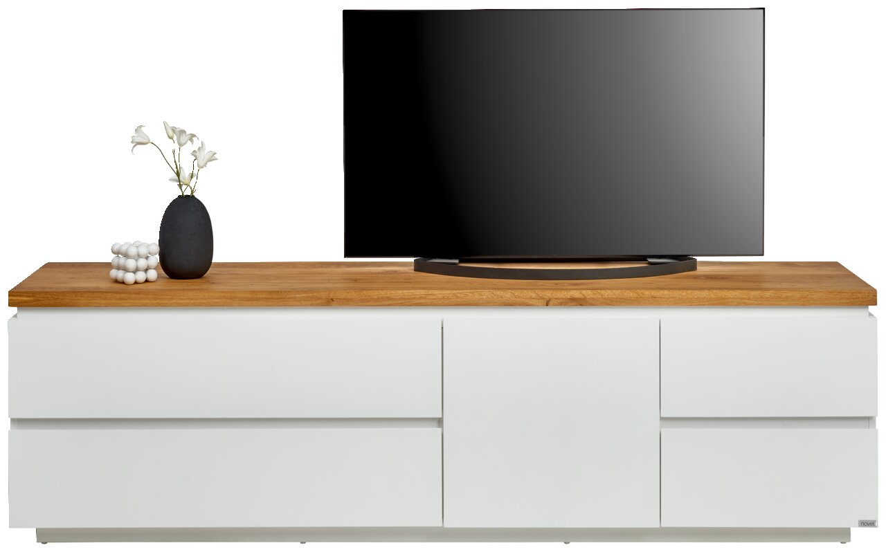 Modernes TV-Lowboard in Weiß mit Holzoberfläche, dekoriert mit einer Vase und einem Fernseher, Frontalansicht