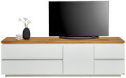 Modernes TV-Lowboard in Weiß mit Holzoberfläche, dekoriert mit einer Vase und einem Fernseher, Frontalansicht