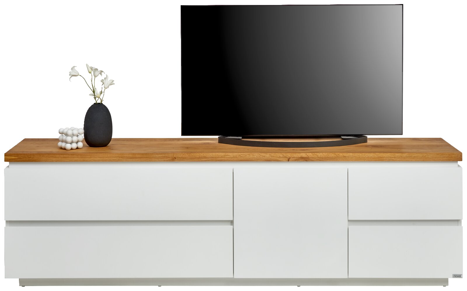 Modernes TV-Lowboard in Weiß mit Holzoberfläche, dekoriert mit einer Vase und einem Fernseher, Frontalansicht