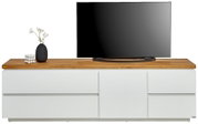 Modernes TV-Lowboard in Weiß mit Holzoberfläche, dekoriert mit einer Vase und einem Fernseher, Frontalansicht
