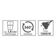 Symbole für einen Wasserkocher mit 1,8 Liter Füllmenge, 360 Grad drehbar und maximal 1500 Watt Leistung, frontal betrachtet.