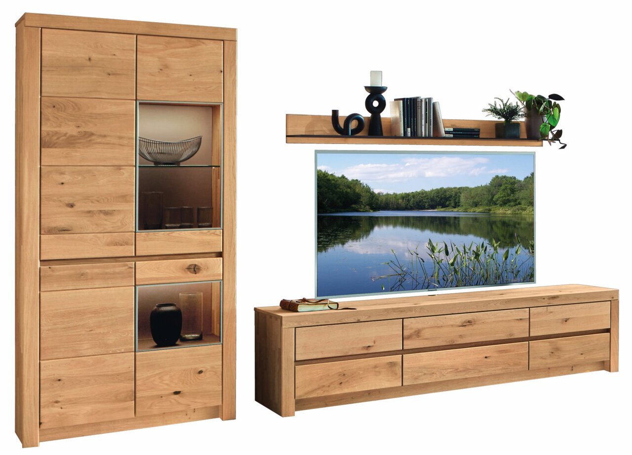 Wöstmann Markenmöbel Wandcombinatie SOLEO 3000 Houten wandmeubel met vitrinekast, plank en tv-kast, gezien vanaf de voorkant.