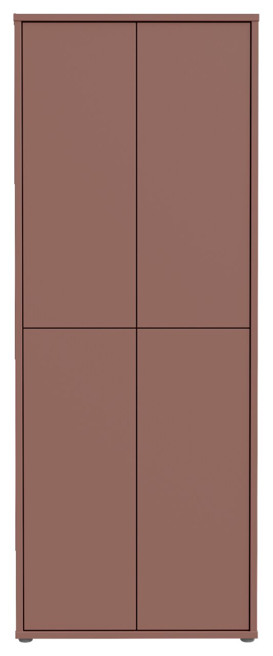 Vorderansicht eines hohen, braunen XL-Schuhschranks mit vier Türen.