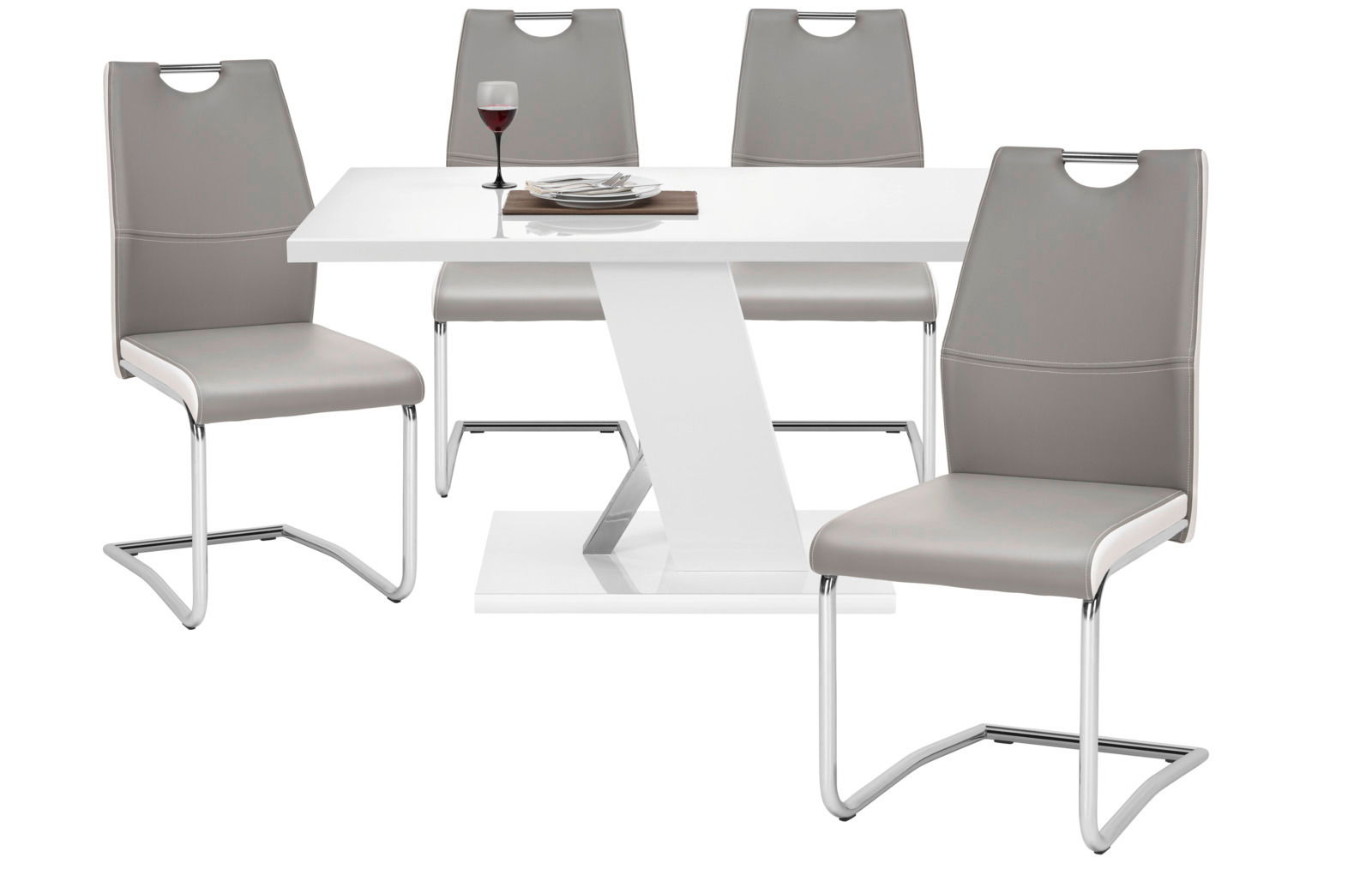 Moderner Schwingstuhl in Grau mit verchromtem Gestell, seitliche Perspektive, Teil eines Esszimmer-Sets mit weißem Tisch.