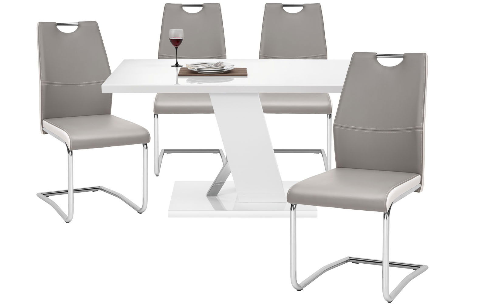 Moderner Schwingstuhl in Grau mit verchromtem Gestell, seitliche Perspektive, Teil eines Esszimmer-Sets mit weißem Tisch.