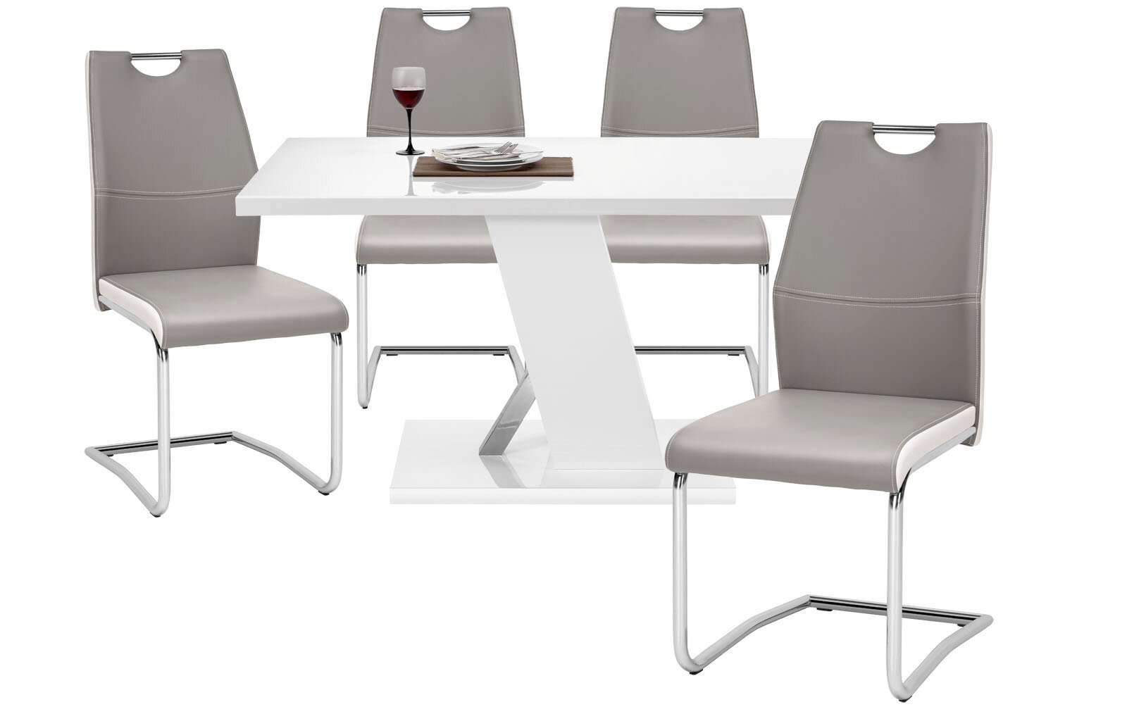 Moderner Schwingstuhl in Grau mit verchromtem Gestell, seitliche Perspektive, Teil eines Esszimmer-Sets mit weißem Tisch.