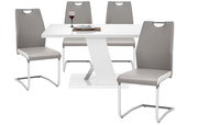 Moderner Schwingstuhl in Grau mit verchromtem Gestell, seitliche Perspektive, Teil eines Esszimmer-Sets mit weißem Tisch.