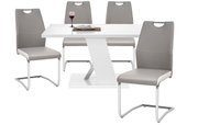 Moderne schommelstoel in grijs met verchroomd frame, zijaanzicht, onderdeel van een eetkamerset met witte tafel.